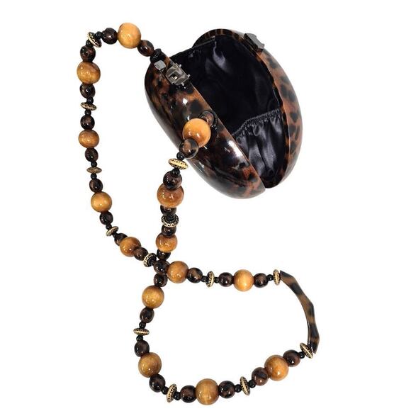 Signed Timmy Woods Acacia Wood Leopard Print Purse With Beaded Strap NWOT - Picture 6 of 12